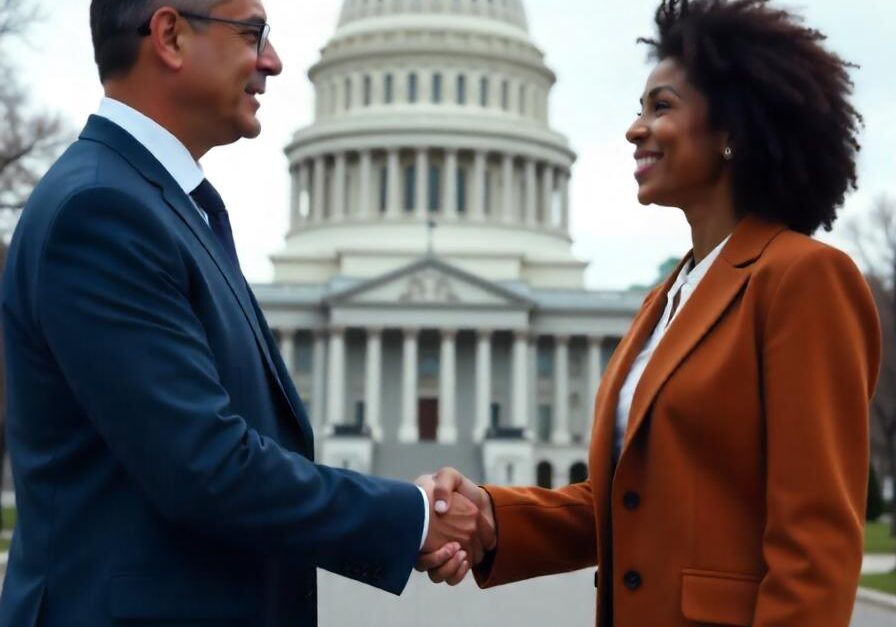 Business leader meeting with government official, representing 1903 PR’s strategic government relations and advocacy services for organizations.