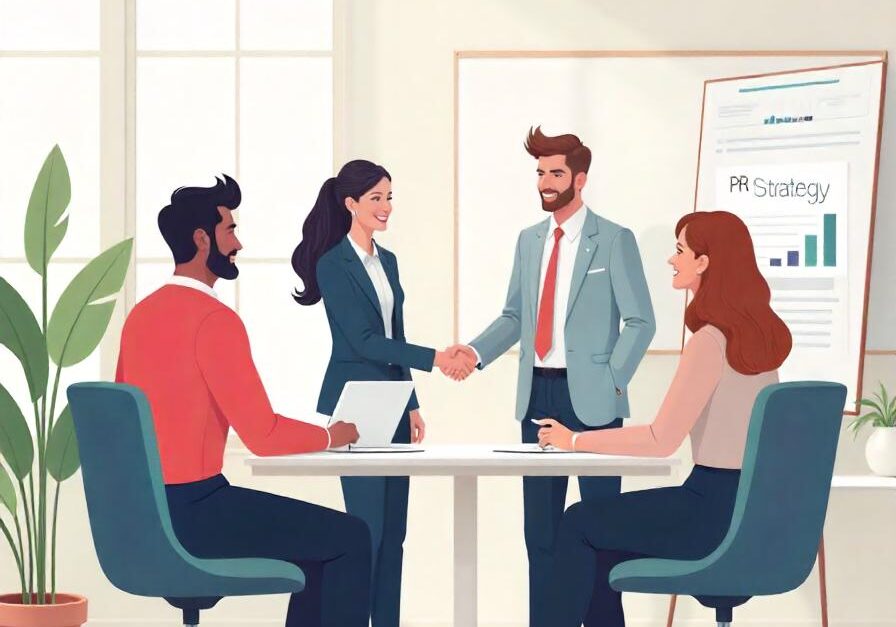 Business professionals meet with a PR agency team in a modern office, collaborating on strategy with documents and laptops, representing B2B partnership.